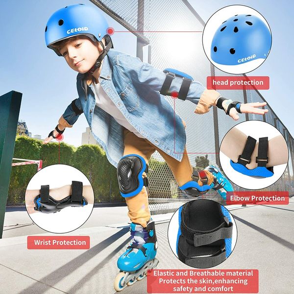 Kids Helmet Pad Set 3-14 yrs Ages Blue Adjustable Kids Roller Skateboard Bike Helmet Knee & Elbow Pads Wrist Guards