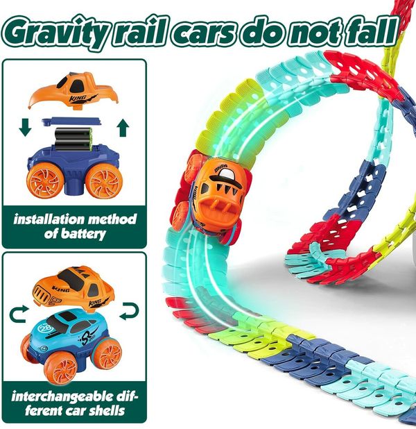 Race Car Track for Kids with Bendable Track, Gravity-Free Creative Toy with 184 Pieces Toys for Kids with Light,1 Car 2 Shells