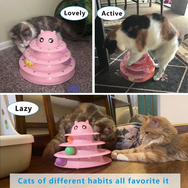 Cat Toy Roller 3-Level Turntable Balls Fun Mental Physical Exercise Puzzle Kitten Cat Toys Color Pink