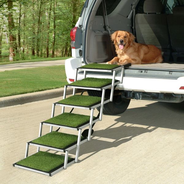 6 Steps Aluminium Dog Cat Pet Ramp Stairs Ladder Folding with Artificial Grass Surface 