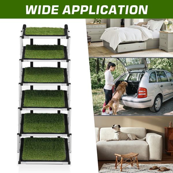 6 Steps Aluminium Dog Cat Pet Ramp Stairs Ladder Folding with Artificial Grass Surface 