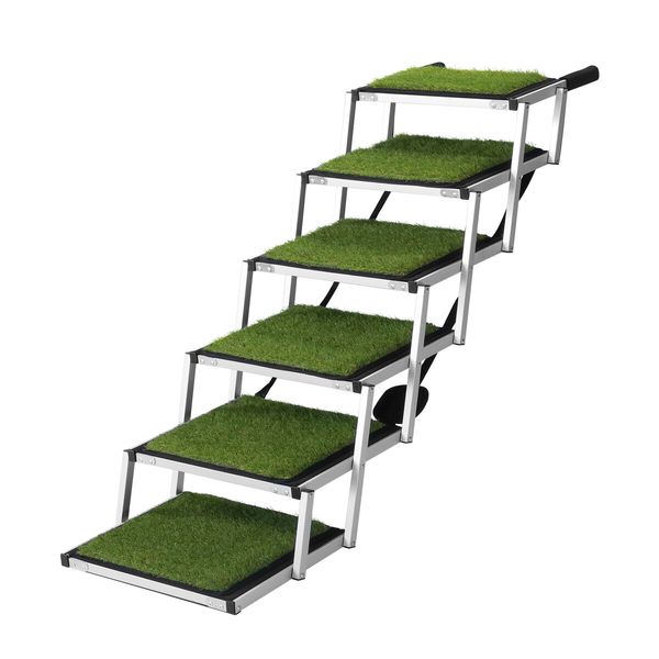 6 Steps Aluminium Dog Cat Pet Ramp Stairs Ladder Folding with Artificial Grass Surface 