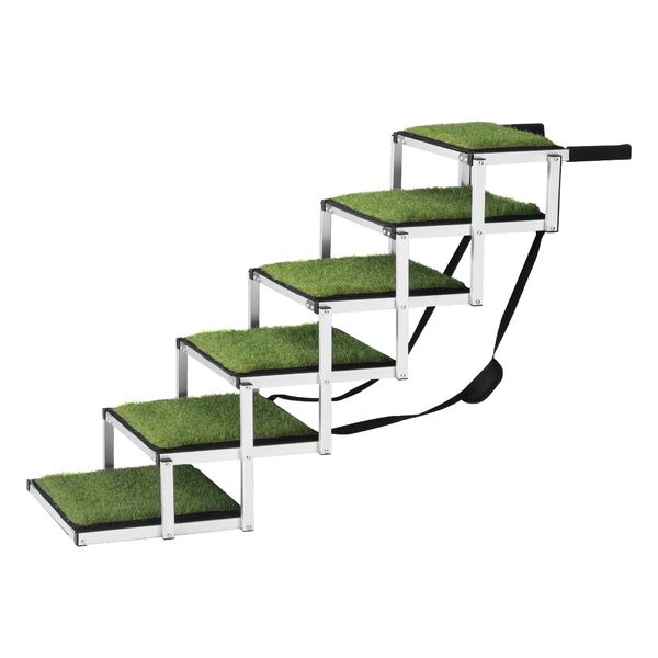 6 Steps Aluminium Dog Cat Pet Ramp Stairs Ladder Folding with Artificial Grass Surface 