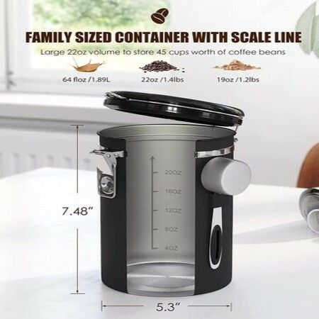 Airtight Coffee Canister 1.8L Large Stainless Steel Coffee Bean Storage Container Black