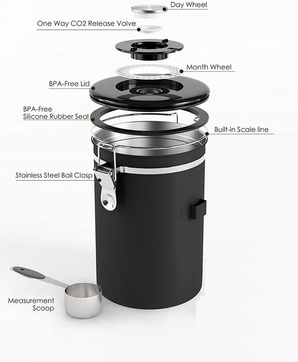 Airtight Coffee Canister 1.8L Large Stainless Steel Coffee Bean Storage Container Black