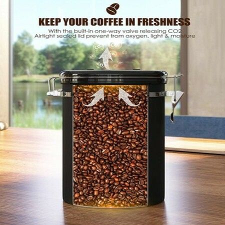 Airtight Coffee Canister 1.8L Large Stainless Steel Coffee Bean Storage Container Black