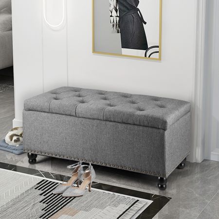 Grey Fabric Ottoman Shoe Bench Upholstered Footrest Stool Rectangle Coffee Table Entryway Toy Box Chest Storage Cube 100cm