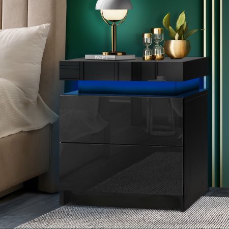 Bedside Tables 2 Drawers Side Table RGB LED High Gloss Nightstand Cabinet