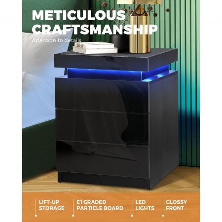 Bedside Tables 3 Drawers Side Table RGB LED High Gloss Nightstand Cabinet