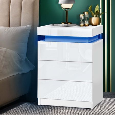 Bedside Tables Side Table 3 Drawers RGB LED High Gloss Nightstand Cabinet