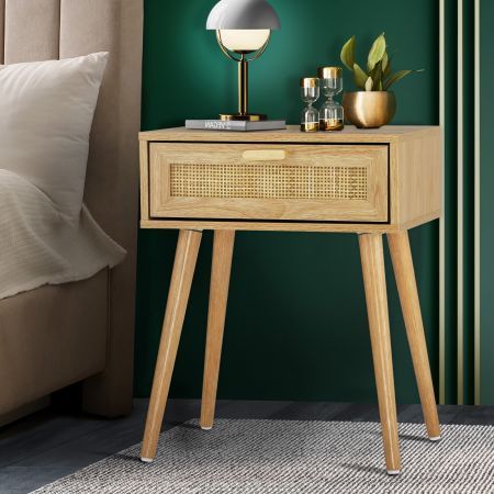 Bedside Tables Drawers Rattan Wood Storage Cabinet Nightstand Bedroom