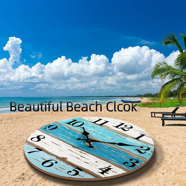 Beach Themed Blue Wall Clock Battery Operated Silent Non-Slip Vintage Round Rustic Coastal Nautical Decorative Clock