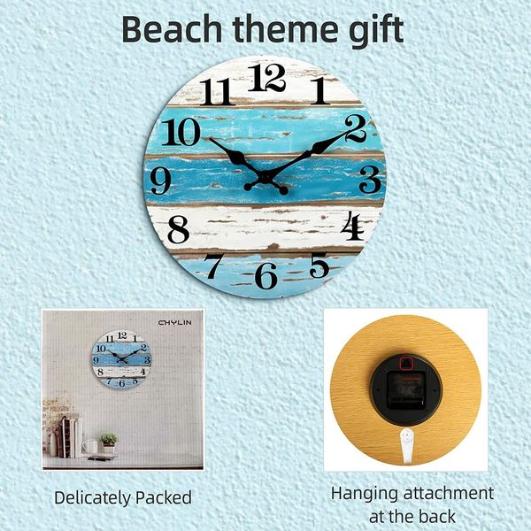 Beach Themed Blue Wall Clock Battery Operated Silent Non-Slip Vintage Round Rustic Coastal Nautical Decorative Clock