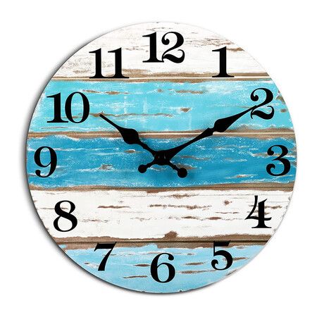 Beach Themed Blue Wall Clock Battery Operated Silent Non-Slip Vintage Round Rustic Coastal Nautical Decorative Clock