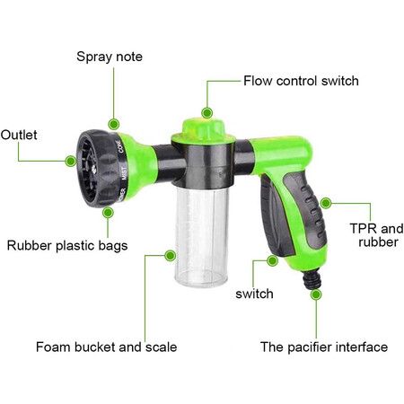 8 Modes Adjustable Car Wash Foam Water Gun,Multifunction Foam Sprayer (Green)