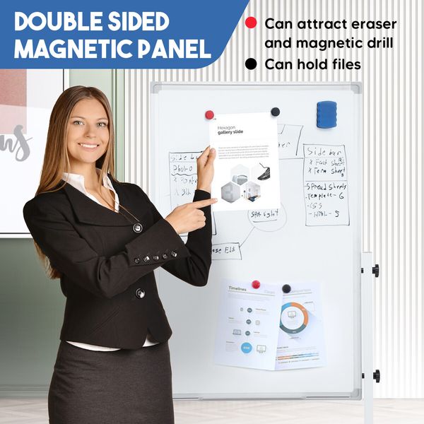 Double Sided Interactive Whiteboard Magnetic Mobile White Board Dry Erase Casters Stand 60cmx90cm Height Adjustable