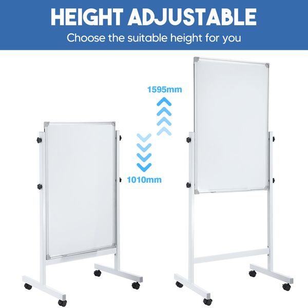 Double Sided Interactive Whiteboard Magnetic Mobile White Board Dry Erase Casters Stand 60cmx90cm Height Adjustable