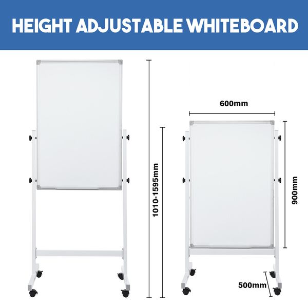 Double Sided Interactive Whiteboard Magnetic Mobile White Board Dry Erase Casters Stand 60cmx90cm Height Adjustable