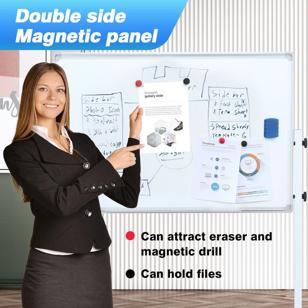 Double Sided Magnetic Whiteboard Interactive Mobile White Board Dry Erase Stand Casters Adjustable Height 90cmx60cm