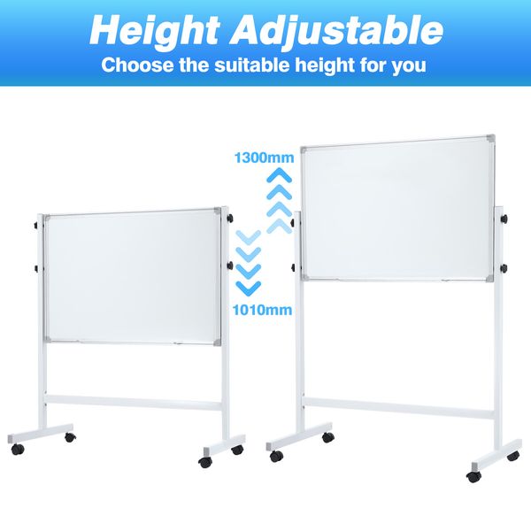 Double Sided Magnetic Whiteboard Interactive Mobile White Board Dry Erase Stand Casters Adjustable Height 90cmx60cm