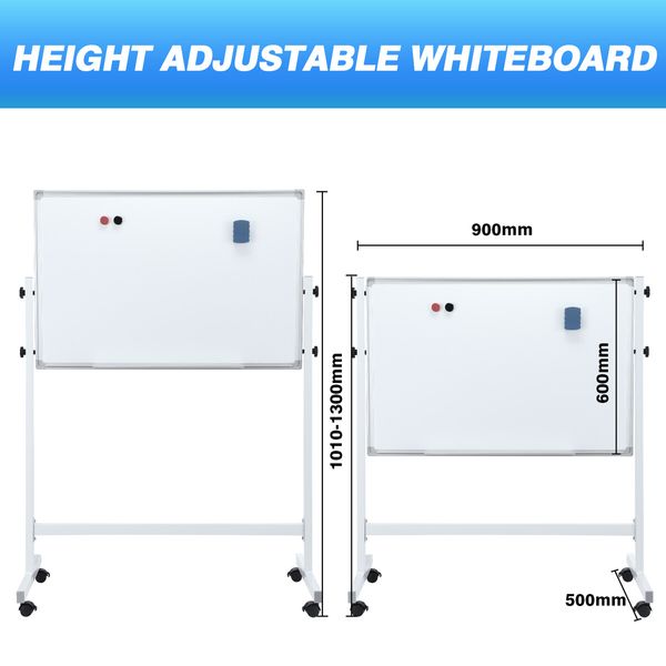 Double Sided Magnetic Whiteboard Interactive Mobile White Board Dry Erase Stand Casters Adjustable Height 90cmx60cm