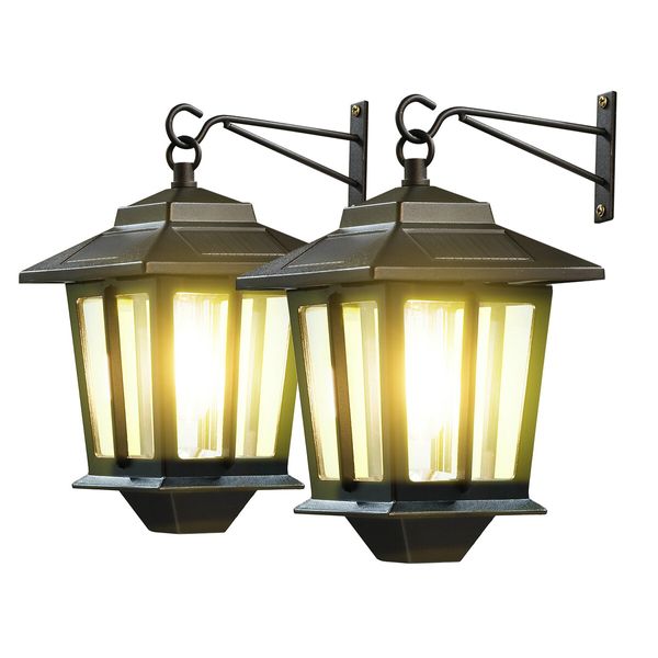 Solar Outdoor Wall Light Sconce Hanging Lantern Garden Outside Lamp Patio Fence Porch Waterproof with Light Sensor 2PCS