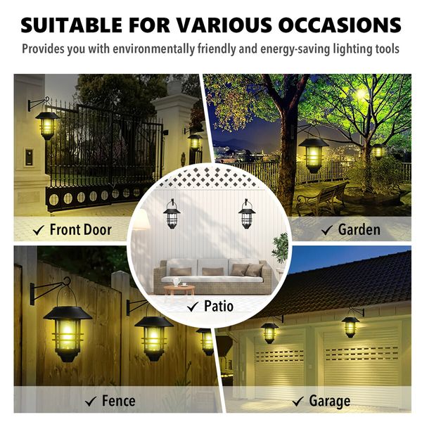 Outdoor Solar Wall Light Lantern Sconce Hanging Garden Lamp Outside Patio Fence Porch Waterproof with Light Sensor 2PCS