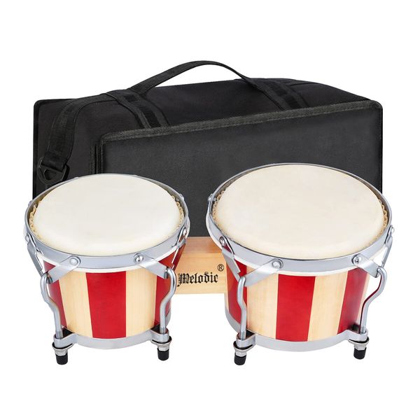 Melodic Bongo Drums Set Wooden Percussion Instrument with Padded Bag and Tuning Keys Kids Adults Beginners 7" 8"