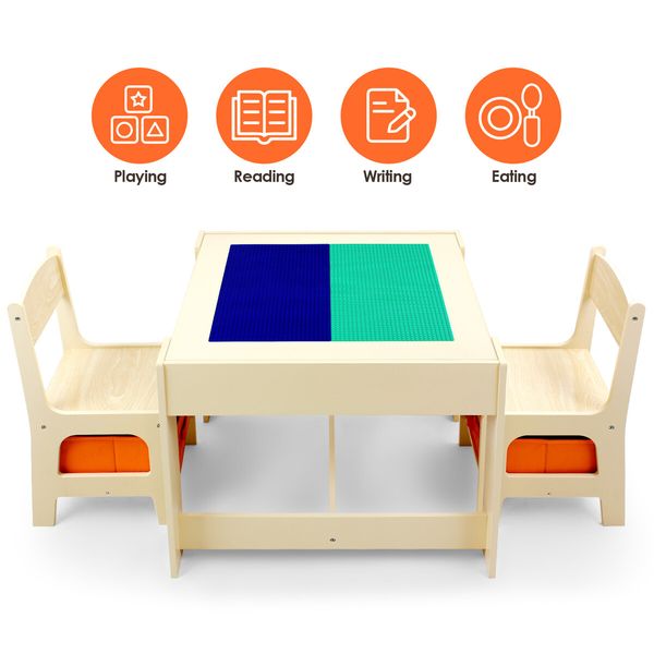 Kidbot Kids Lego Table and Chair Set Wooden Childrens Multifunctional Desk Activity Play Centre Baseplate Chalkboard