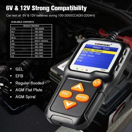 KW650 6V 12V Car Battery Tester 100-2000 CCA Automotive Battery and Alternator Load Tester