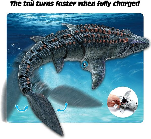 Remote Control Dinosaur for Kids,Mosasaurus Diving Toys RC Boat with Light and Spray Water for Swimming Pool Lake Bathroom Ocean Protector Bath Toys(Grey)