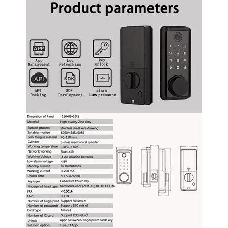 Bluetooth Tuya APP Smart Lock with Remote Control Fingerprint Biometric Password Code Deadbolt Lock Automatic Latch Lock