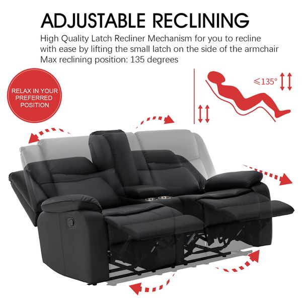 2 Seater Recliner Sofa Armchair Lounge Chairs Couch PU Leather Adjustable Footrest Backrest Living Room Bedroom Black