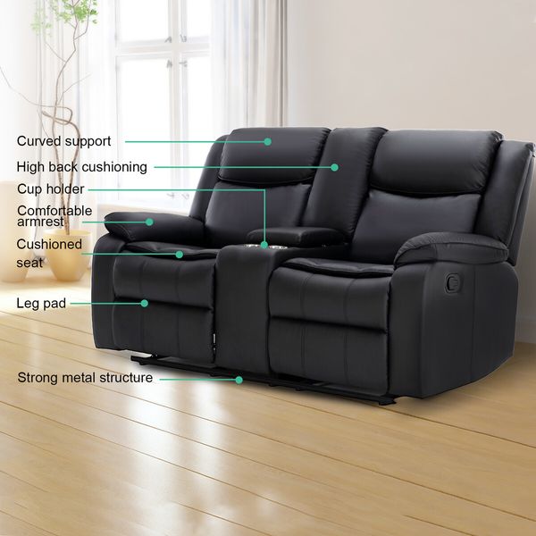 2 Seater Recliner Sofa Armchair Lounge Chairs Couch PU Leather Adjustable Footrest Backrest Living Room Bedroom Black