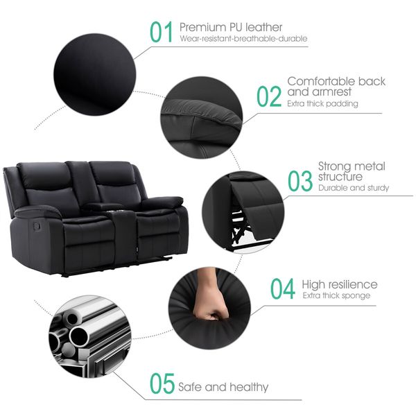 2 Seater Recliner Sofa Armchair Lounge Chairs Couch PU Leather Adjustable Footrest Backrest Living Room Bedroom Black