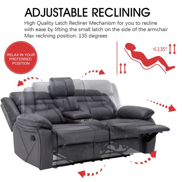 2 Seater Sofa Recliner Chair Armchair Couch Lounge Living Room Chairs Microfiber PP Adjustable Footrest Headrest Grey 