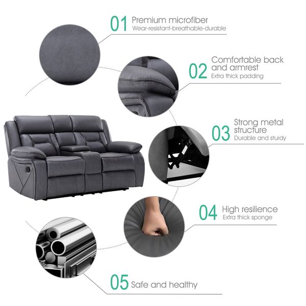 2 Seater Sofa Recliner Chair Armchair Couch Lounge Living Room Chairs Microfiber PP Adjustable Footrest Headrest Grey 