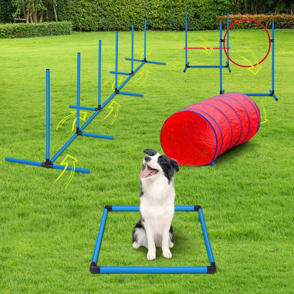 Petscene Dog Agility Equipment 5PC Set Obstacle Course Pet Training Kit Supplies Jump Hurdle Tunnel Poles Pause Box Carrying Bags