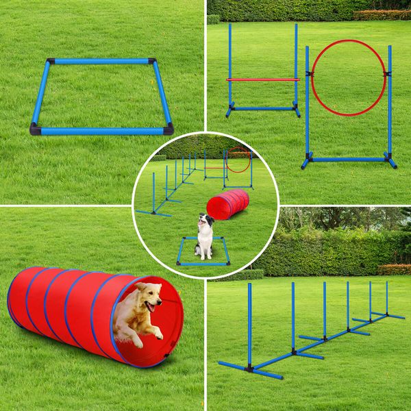 Petscene Dog Agility Equipment 5PC Set Obstacle Course Pet Training Kit Supplies Jump Hurdle Tunnel Poles Pause Box Carrying Bags