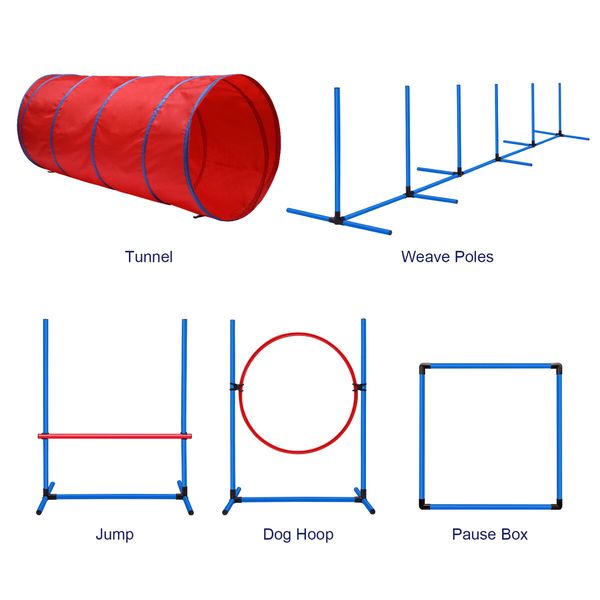 Petscene Dog Agility Equipment 5PC Set Obstacle Course Pet Training Kit Supplies Jump Hurdle Tunnel Poles Pause Box Carrying Bags