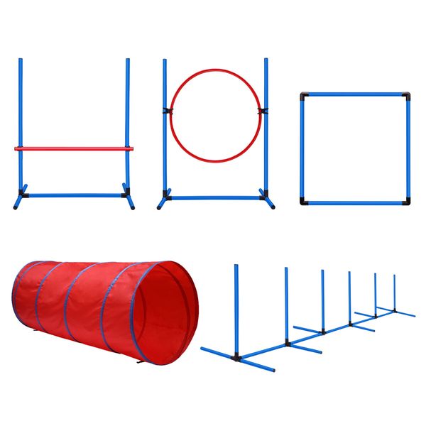 Petscene Dog Agility Equipment 5PC Set Obstacle Course Pet Training Kit Supplies Jump Hurdle Tunnel Poles Pause Box Carrying Bags