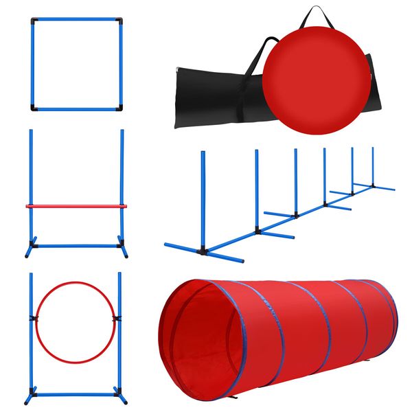 Petscene Dog Agility Equipment 5PC Set Obstacle Course Pet Training Kit Supplies Jump Hurdle Tunnel Poles Pause Box Carrying Bags