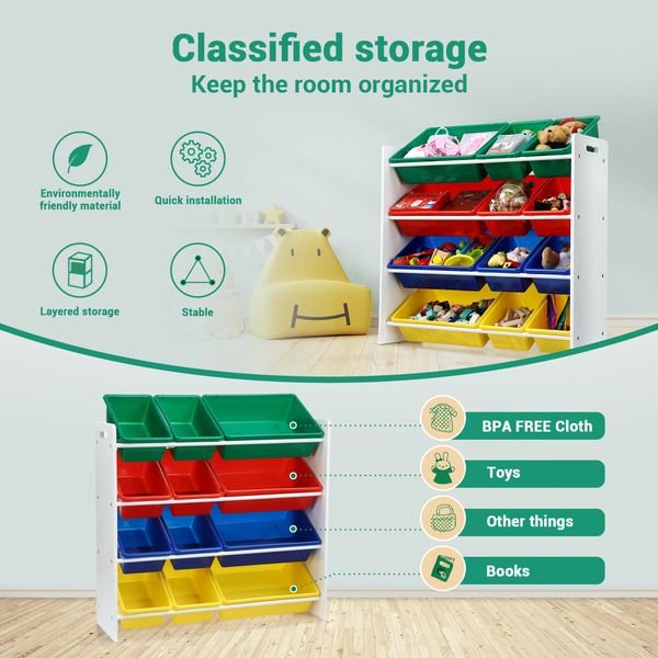 Kids Toy Box Bookshelf Storage Rack Organiser Display Shelf 4 Tier 12 Plastic Bins Drawers Unit Multi Colour Kidbot