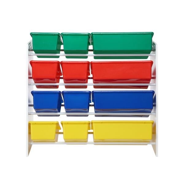 Kids Toy Box Bookshelf Storage Rack Organiser Display Shelf 4 Tier 12 Plastic Bins Drawers Unit Multi Colour Kidbot