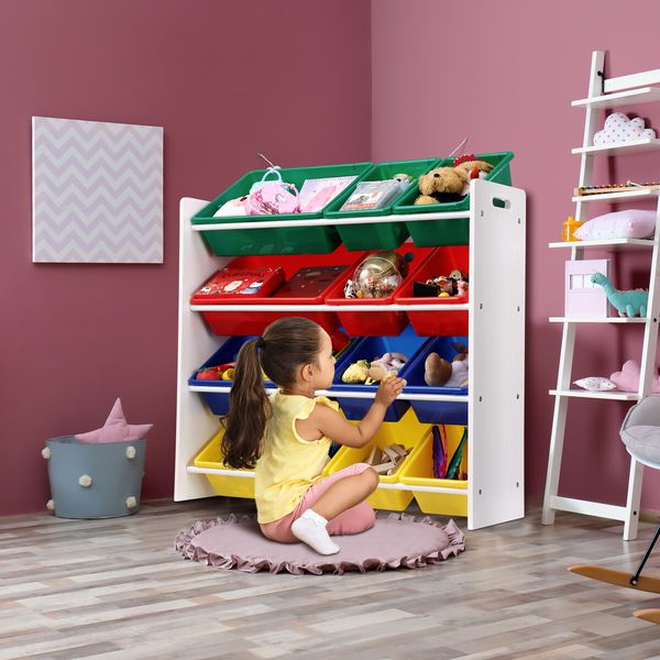 Kids Toy Box Bookshelf Storage Rack Organiser Display Shelf 4 Tier 12 Plastic Bins Drawers Unit Multi Colour Kidbot