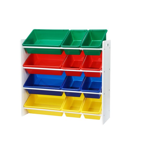 Kids Toy Box Bookshelf Storage Rack Organiser Display Shelf 4 Tier 12 Plastic Bins Drawers Unit Multi Colour Kidbot