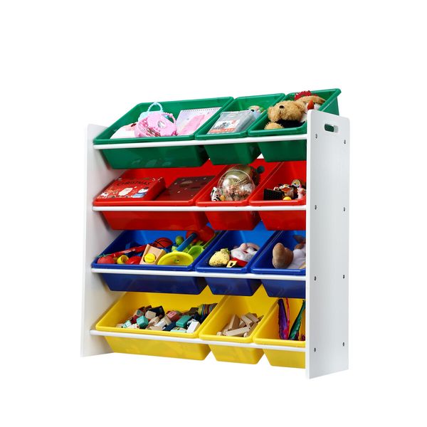 Kids Toy Box Bookshelf Storage Rack Organiser Display Shelf 4 Tier 12 Plastic Bins Drawers Unit Multi Colour Kidbot