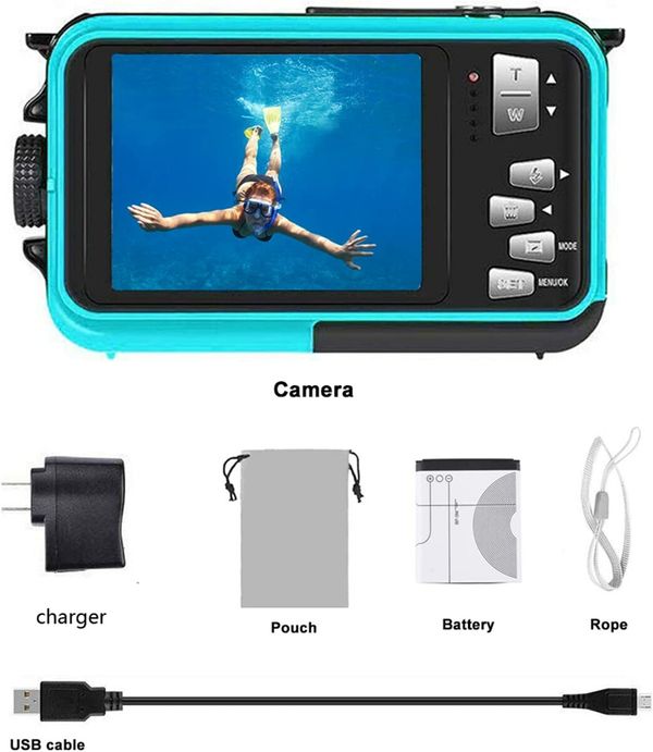 Waterproof Camera Underwater Cameras for Snorkeling Full HD 2.7K 48MP Video Recorder (Blue)