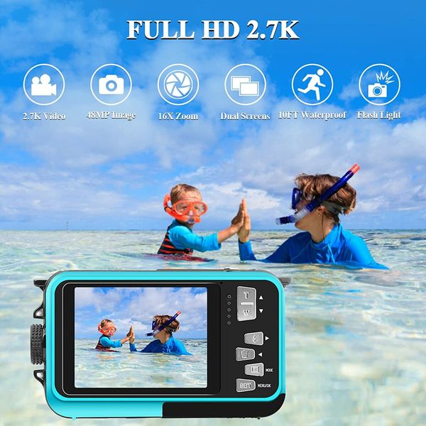 Waterproof Camera Underwater Cameras for Snorkeling Full HD 2.7K 48MP Video Recorder (Blue)