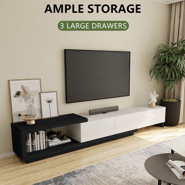 Extendable TV Unit Entertainment Centre Storage Cabinet Stand Console Bench Table 190 To 260cm 3 Drawers Black and White